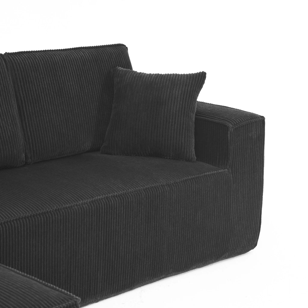 Divano ad angolo modulare con chaise longue, 2 posti, in velluto a coste, con 2 cuscini, nero