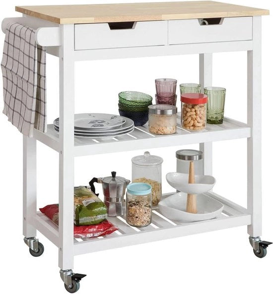 Carrello di servizio per cucina con tavolo in legno e piatto in gomma, 2 carichi, 2 piani