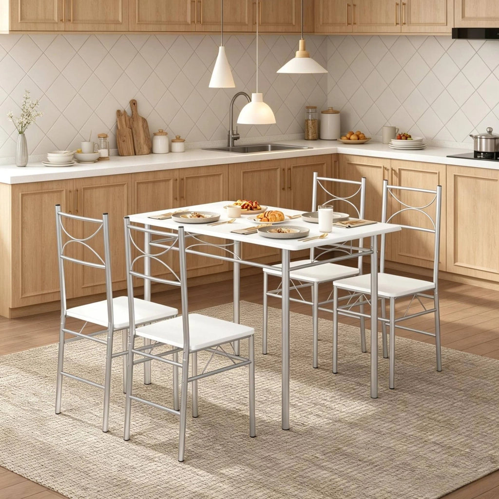 Set tavolo da pranzo con 4 sedie MDF e metallo bianco argento