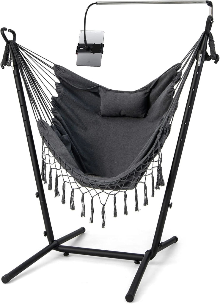 Sedia Amaca Sospesa con Supporto, Sedia Sospesa Regolabile in Altezza 6 Livelli, Supporto Porta Cellulare, Tasca Laterale, Cuscino, Portata 250 kg (Beige)