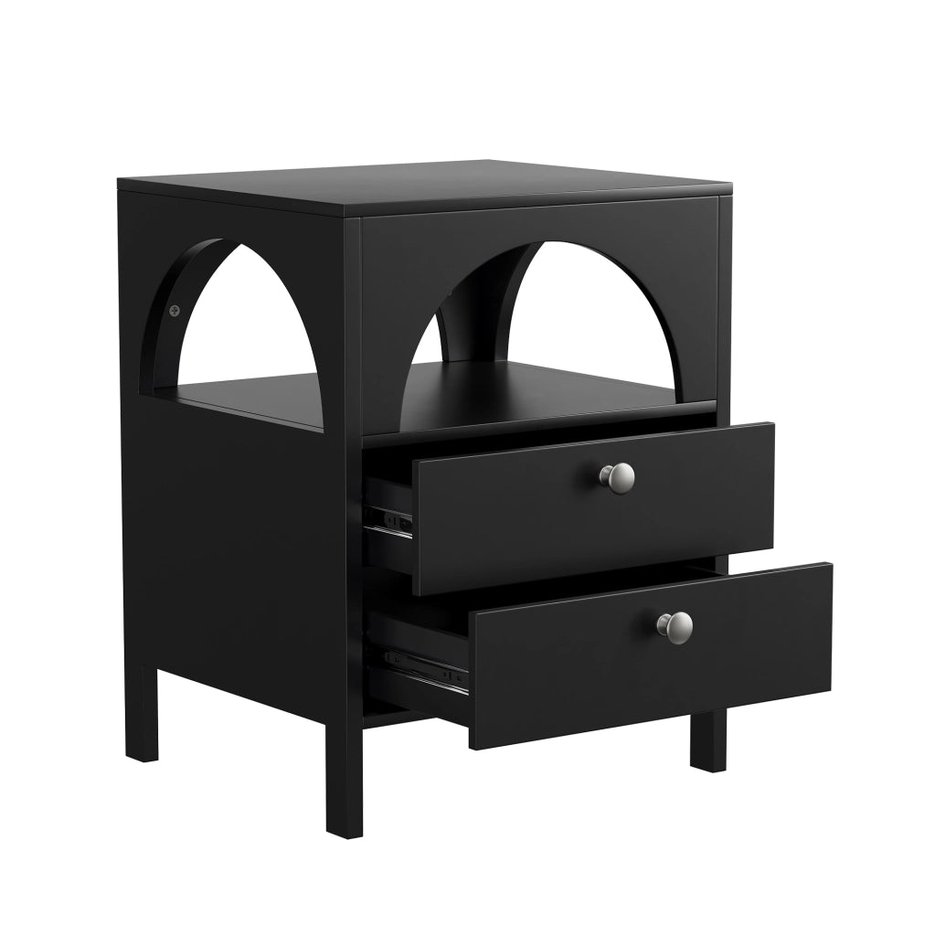 Comodino moderno 45x40x58 cm con 2 cassetti e vano aperto in MDF nero