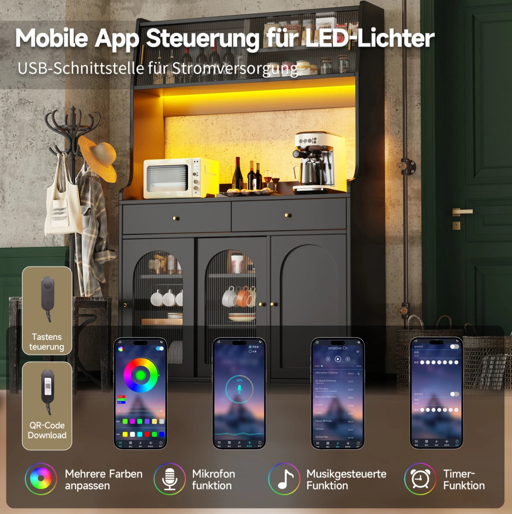 Credenza alta con LED e ante scorrevoli in vetro, nera