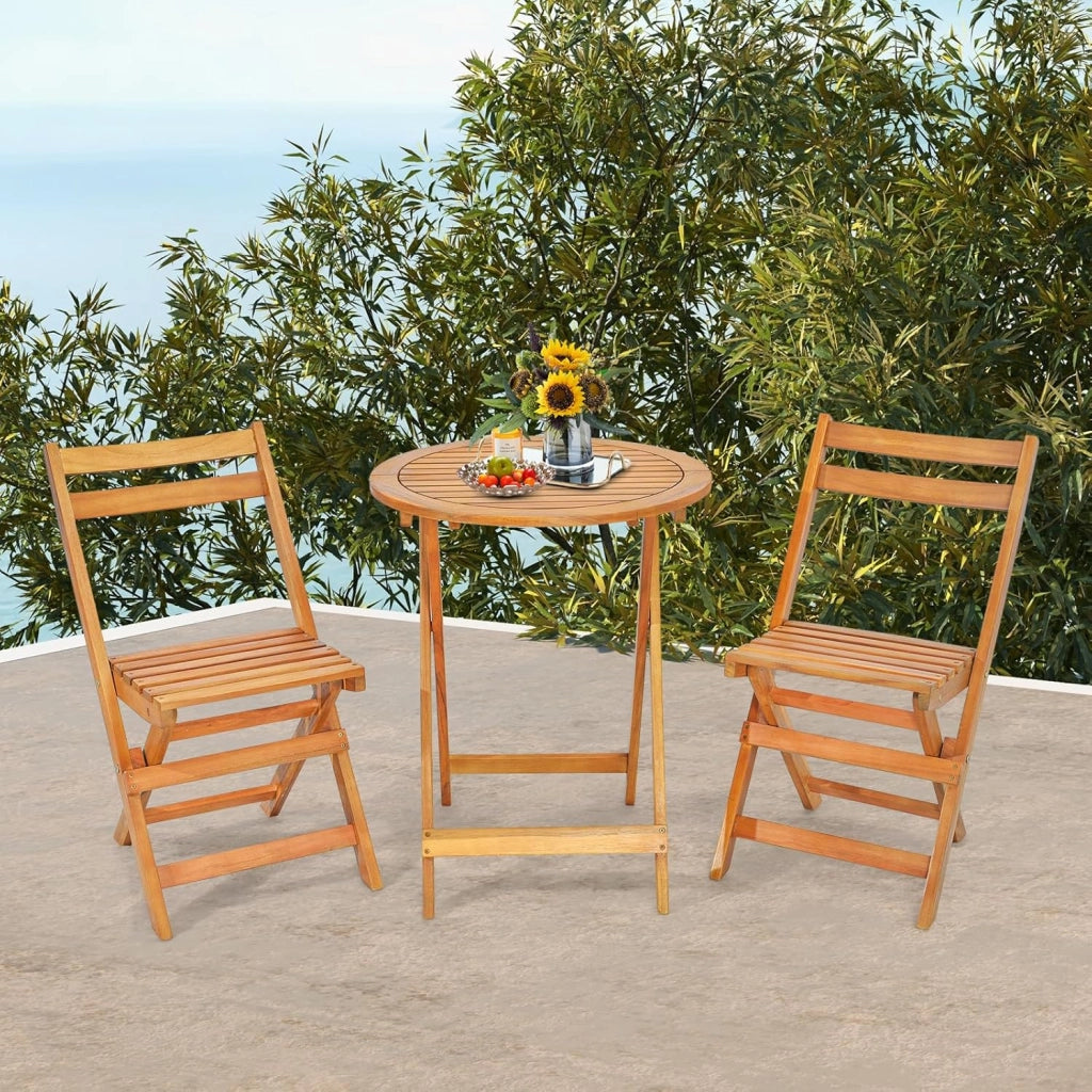 Set Tavolo e Sedie Pieghevoli a 3 Pezzi, 1 Tavolo Rotondo e 2 Sedie con Schienale, Set Mobili da Giardino in Legno di Acacia, Set Bistro con Sedile a Doghe per Interno ed Esterno, Naturale