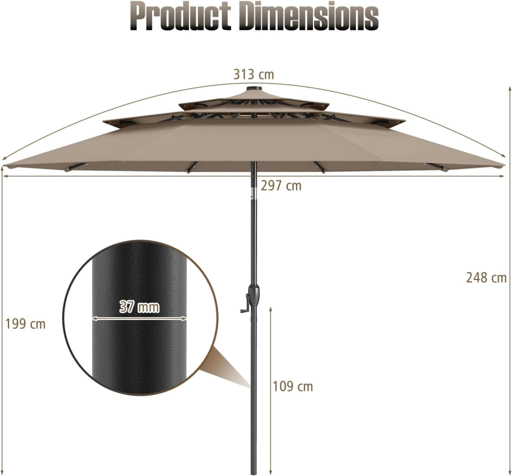 Ombrellone da Giardino con 32 Luci LED, Pannelli Solari e Manovella, Ombrellone Parasole da Patio 313cm Inclinabile con 8 Osse, per Balcone, Spiaggia, Piscina, Base Non Inclusa