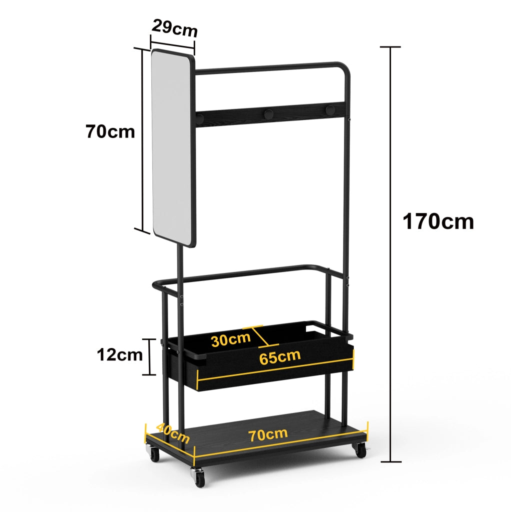 Appendiabiti multifunzione 3 in 1 con specchio; ruote e ripiano inferiore; 70x40x170 cm; nero
