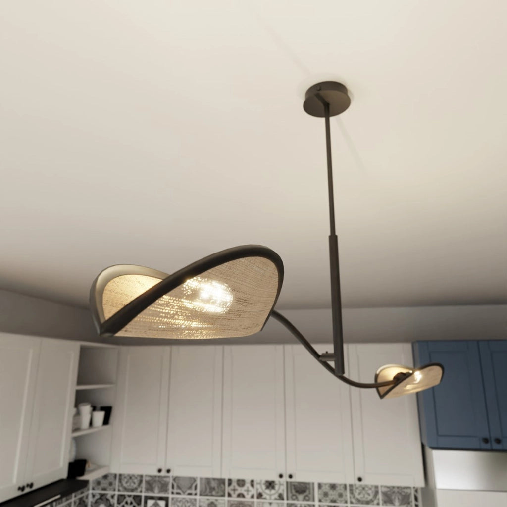 Lampada a sospensione Lotus in acciaio nero e rattan