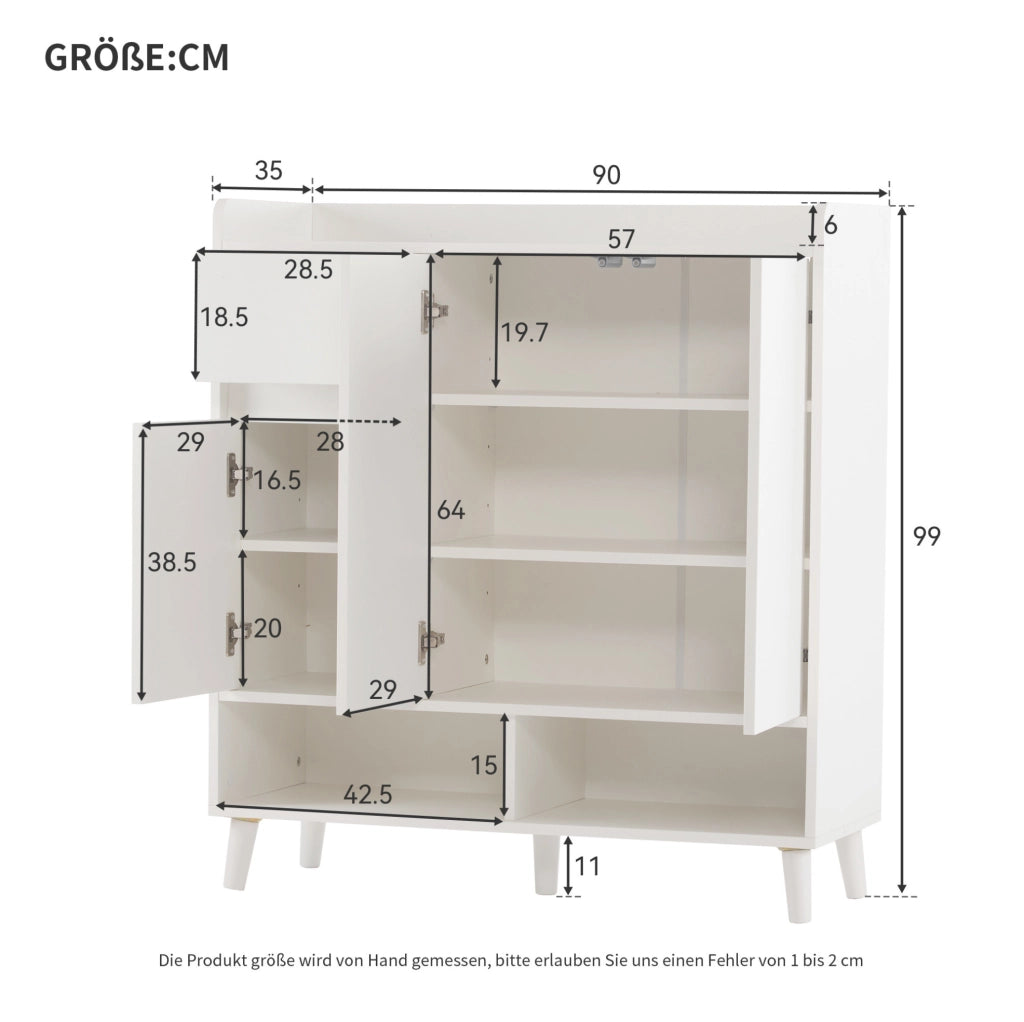 Credenza moderna bianca 90x35x99 cm con ripiani regolabili e gambe in legno massello