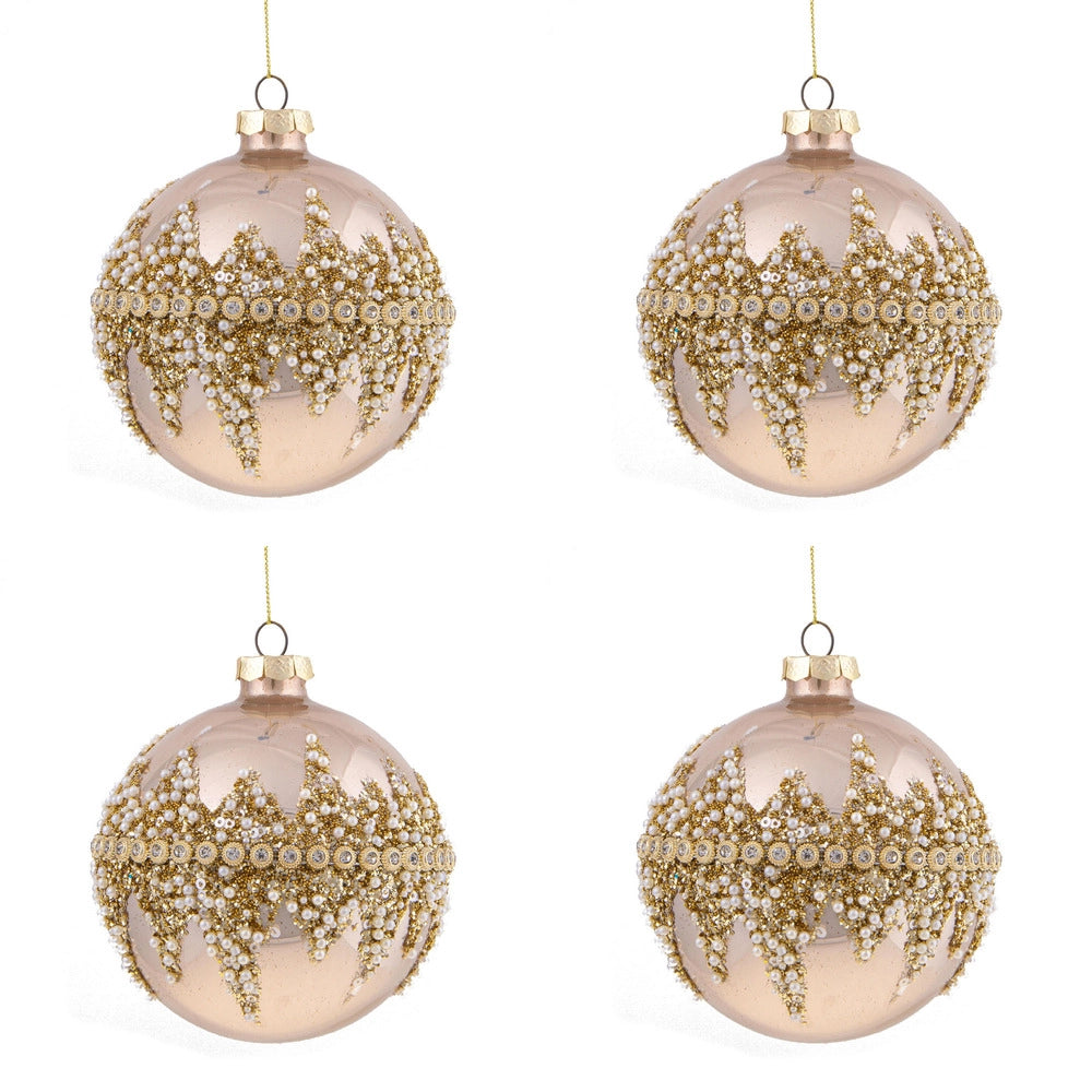 Sfere di Natale Diamond con Decorazioni Oro e Perline Bianche 10 cm 4 Pz