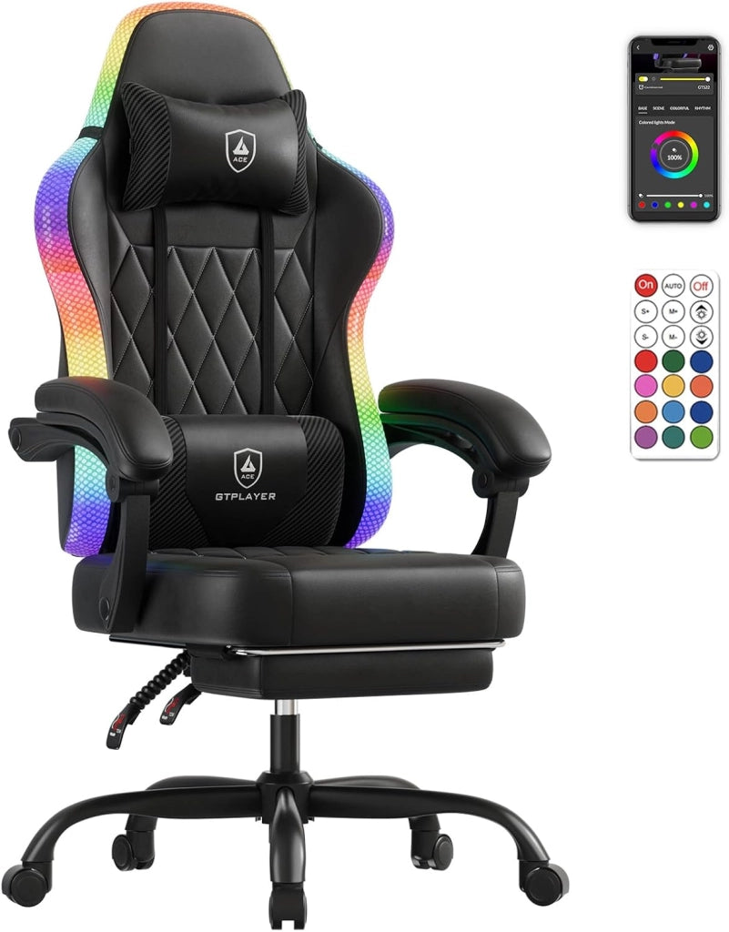Sedia da gioco, sedia da ufficio, sedia da gioco con barra luminosa a LED, sedia da giocatore, schienale con custodia, sedia ergonomica in PC con telecomando