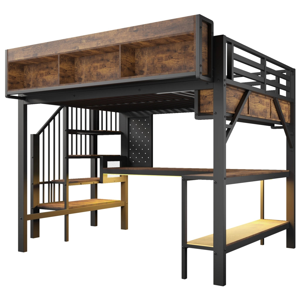 Hochbett 140x200 cm vintage marrone nero con scrivania angolare; LED; prese USB e contenitore