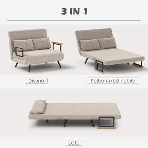 Divano Letto con Schienale Reclinabile e 2 Cuscini in Tessuto Effetto Velluto Bianco Crema