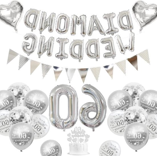 Decorazioni per il 60esimo Compleanno - Palloncini metallici argentei e bianchi, bandiera e torta per matrimoni e occasioni festive