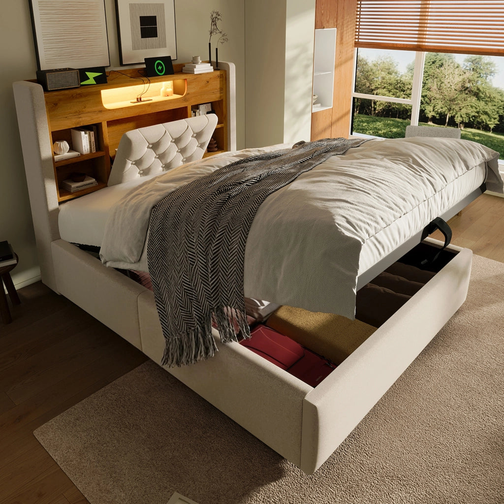 LETTO 90x200 cm in Lino Beige con LED, porte USB e testiera con ripiano