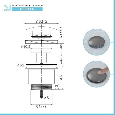 Piletta di scarico clic clac grigio opaca con e senza troppopieno