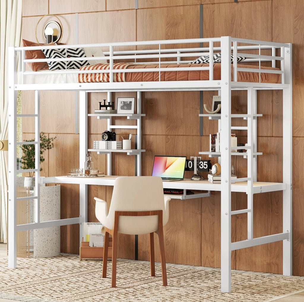Letto a soppalco in metallo bianco 90x200 cm con scrivania e due scaffali integrati
