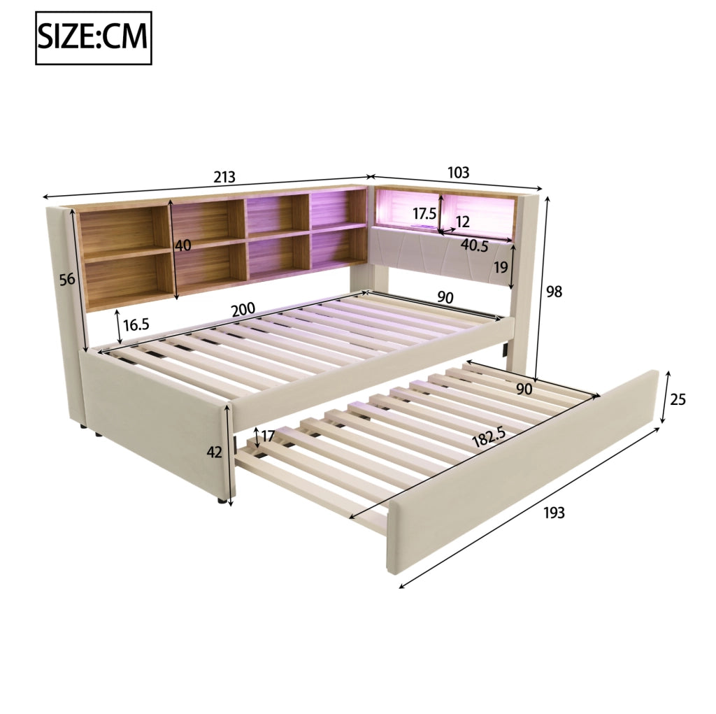 Divano letto 90x200 cm con letto estraibile 90x190 cm, LED e USB-C in flanella beige