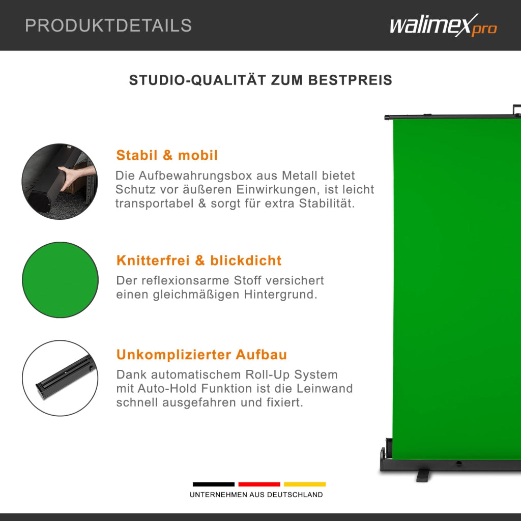 Fondale fotografico a rullo verde 155 x 200 cm, sfondo avvolgibile con supporto, sistema per studi fotografici, pannello ingualcibile ideale per chroma key