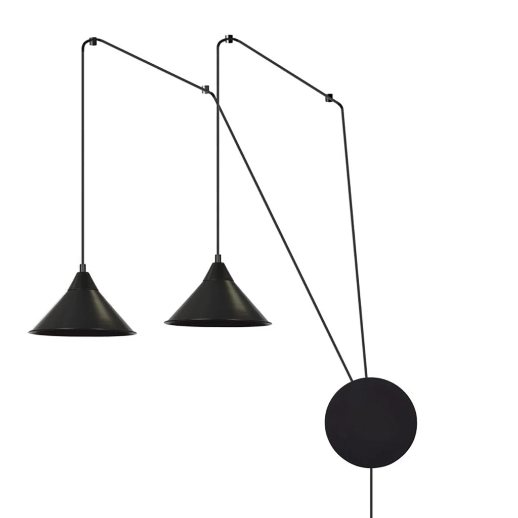 Sospensione Minimal 2 Luci Fujin In Acciao Nero E Paralume A Cono