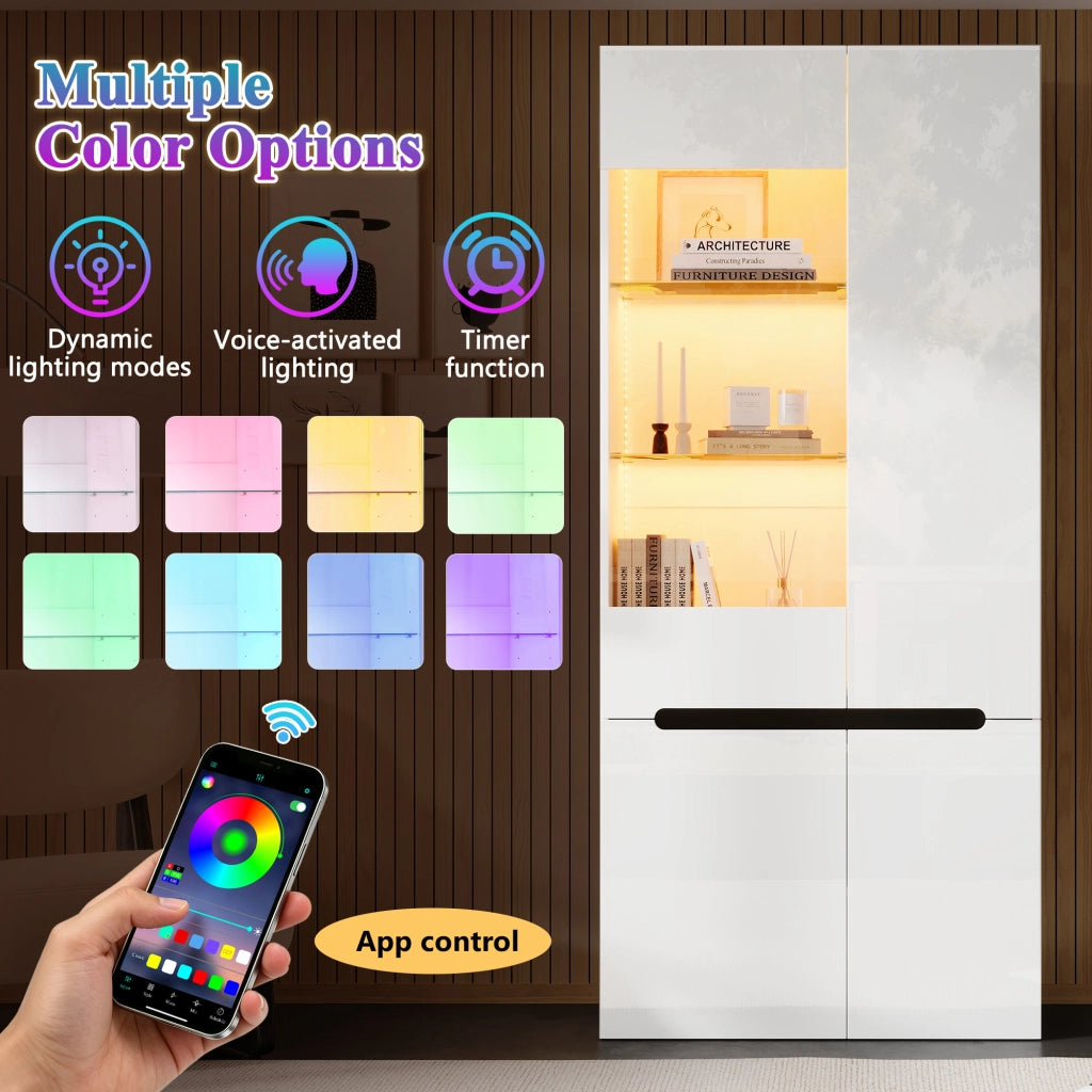 Vetrina verticale con LED Bluetooth; 4 ante; 80 x 35 x 180 cm; MDF bianco