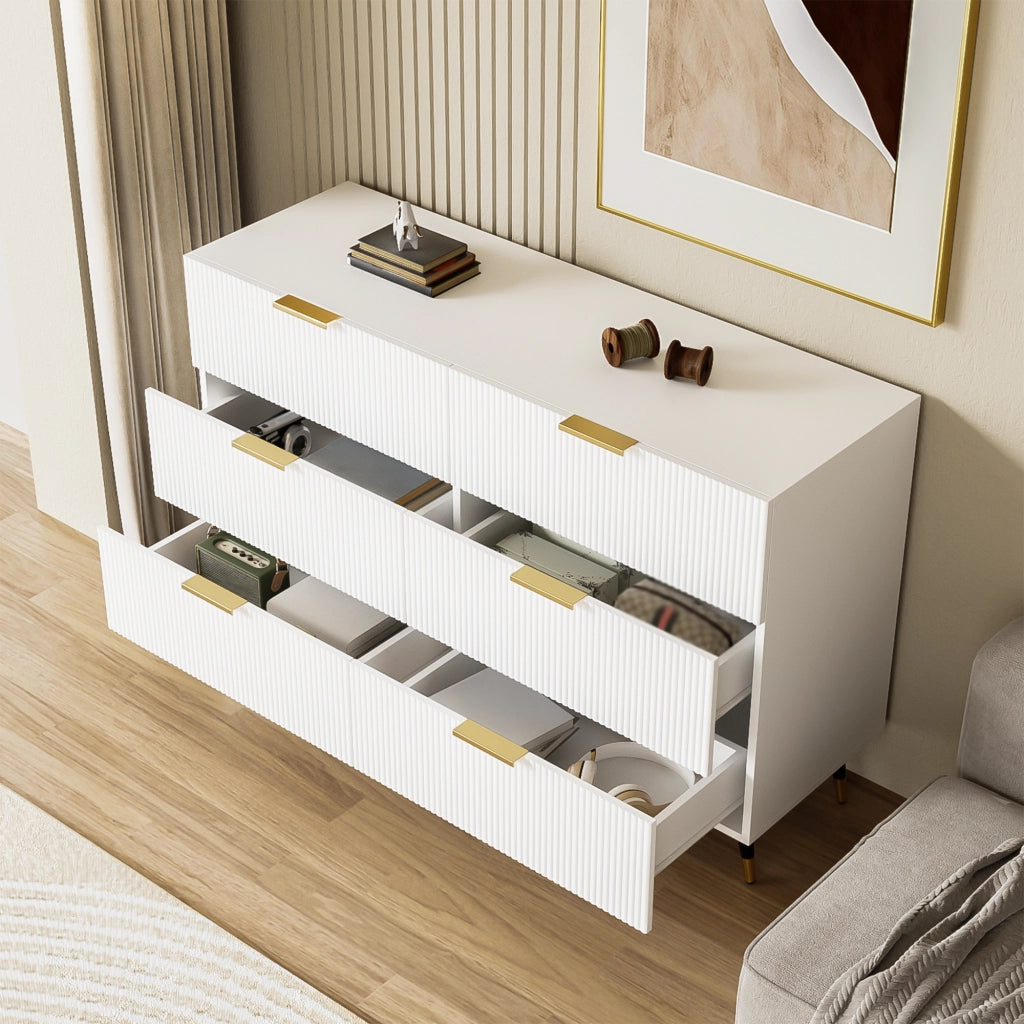 Credenza moderna con 6 cassetti in truciolare bianco e gambe oro per soggiorno sala da pranzo e camera da letto 120 × 77 × 40 cm