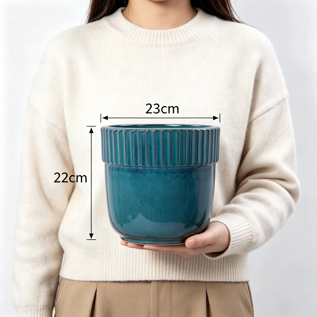 Fioriera a più livelli in ceramica artigianale smaltata turchese lucido con scanalature verticali Ø 23 cm