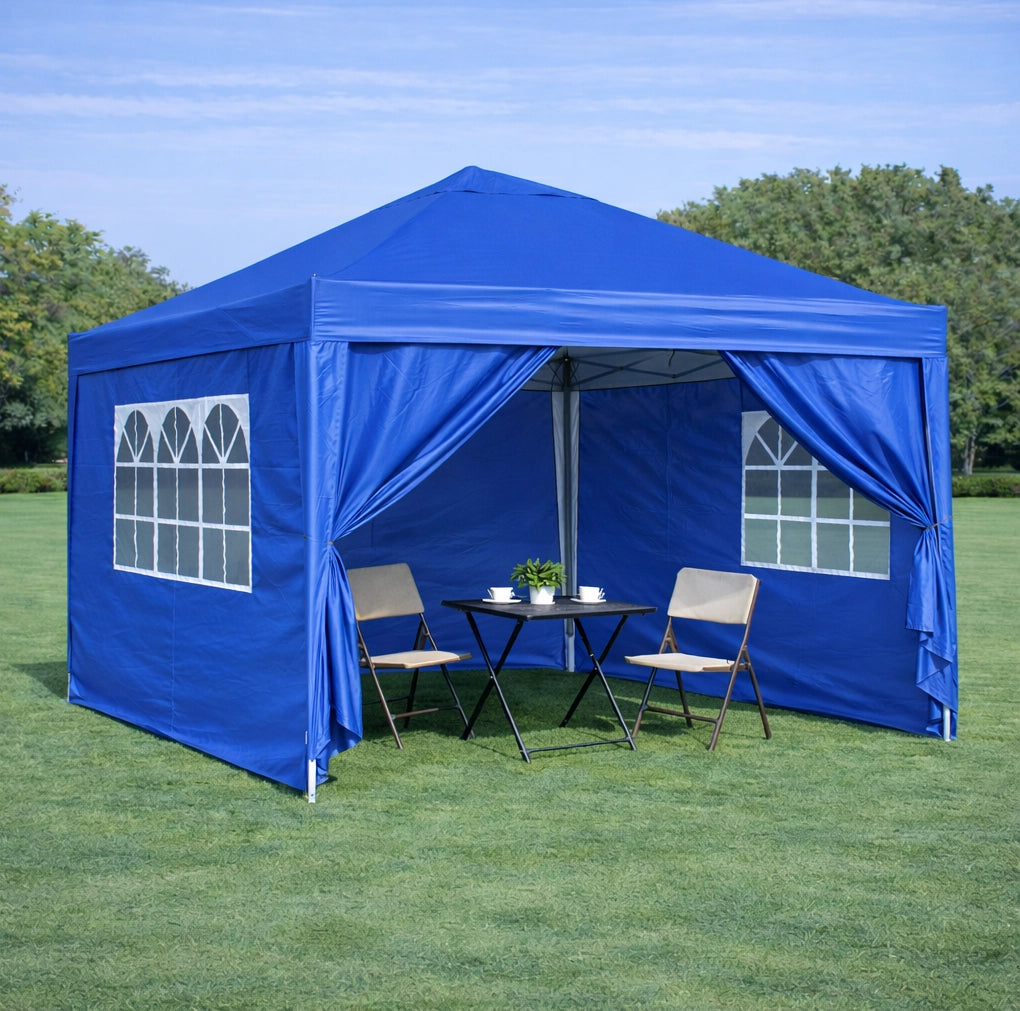 Gazebo pieghevole 3x3 m blu con pareti laterali e sacchi di sabbia