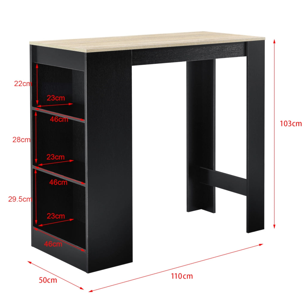 Bancone Tavolo Alto da Bar Kouvola con 3 Scomparti Aperti 110x50x103 cm - Nero/Effetto Rovere [en.casa]
