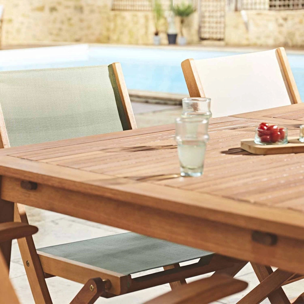 Set tavolo da giardino rettangolare allungabile in legno con 6 sedie,