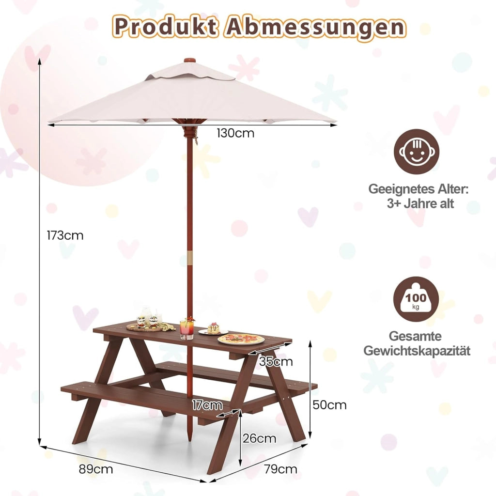 Set di mobili da giardino in legno per bambini, con ombrellone, tavolo da picnic per bambini con protezione UV e impermeabile, tavolo da giardino e panca, set di mobili da giardino per esterni