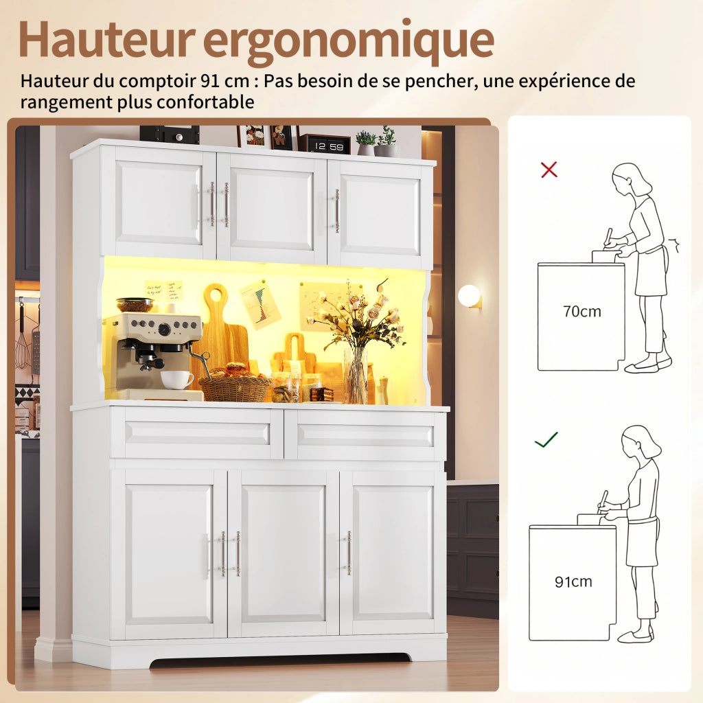 Credenza alta con LED e ripiani regolabili, piano di lavoro, per cucina e sala da pranzo, bianco, 108 × 40 × 180 cm