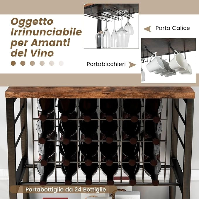Mobile Bar Vino, Portabottiglie Industriale con 4 Ripiani, Porta Calici, Porte USB e Prese, con Struttura in Metallo Robusto, 75,5 x 48 x 163 cm