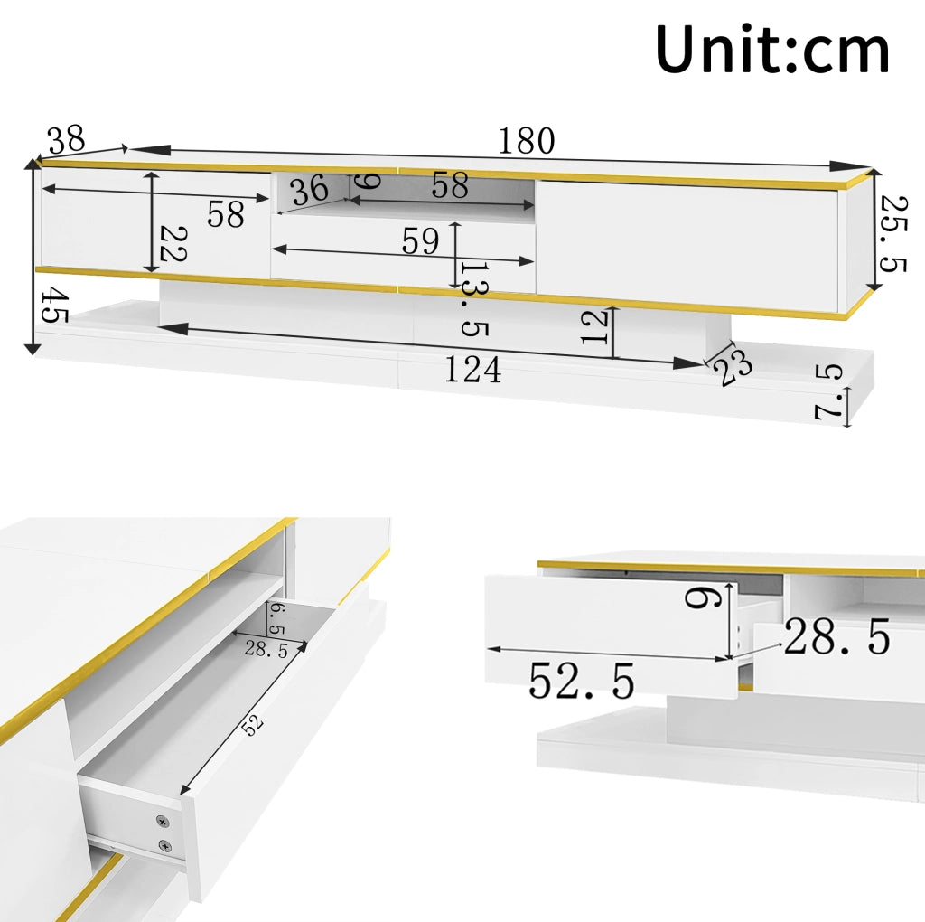 MOBILE TV 180x38x45 cm Bianco lucido con LED multicolore e 3 cassetti