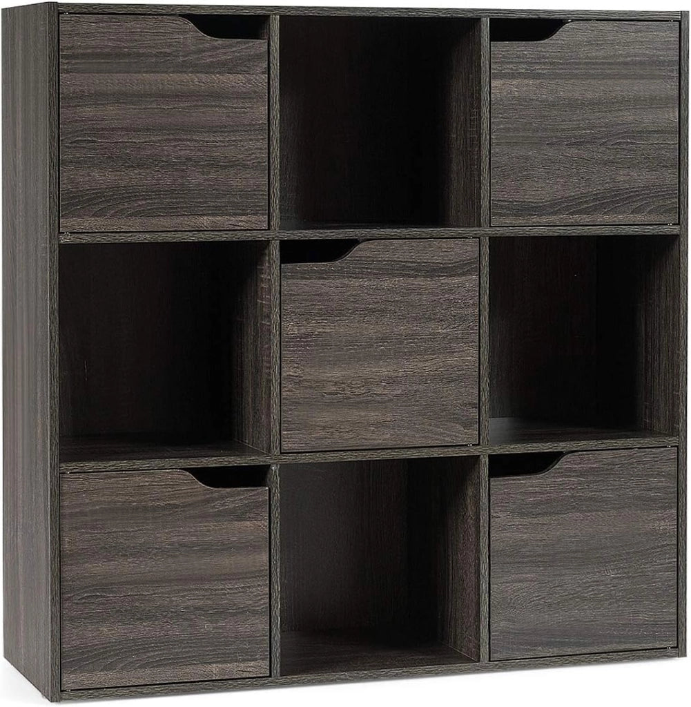 Armadietto Libreria a 3 Livelli, con 6/9 Scomparti, 3/5 Ante, Mobiletto Portalibri Moderno, Multiuso e Salvaspazio, Ideale per Soggiorno, Studio, Ufficio, Camera (Grigio, 90x29x90 cm)