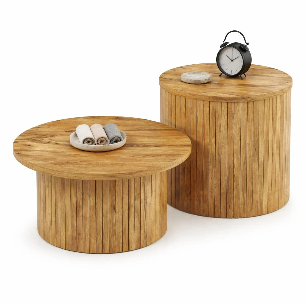Set tavolini da salotto rotondi in MDF effetto legno naturale; 75x75x36 cm e 50x50x50;5 cm