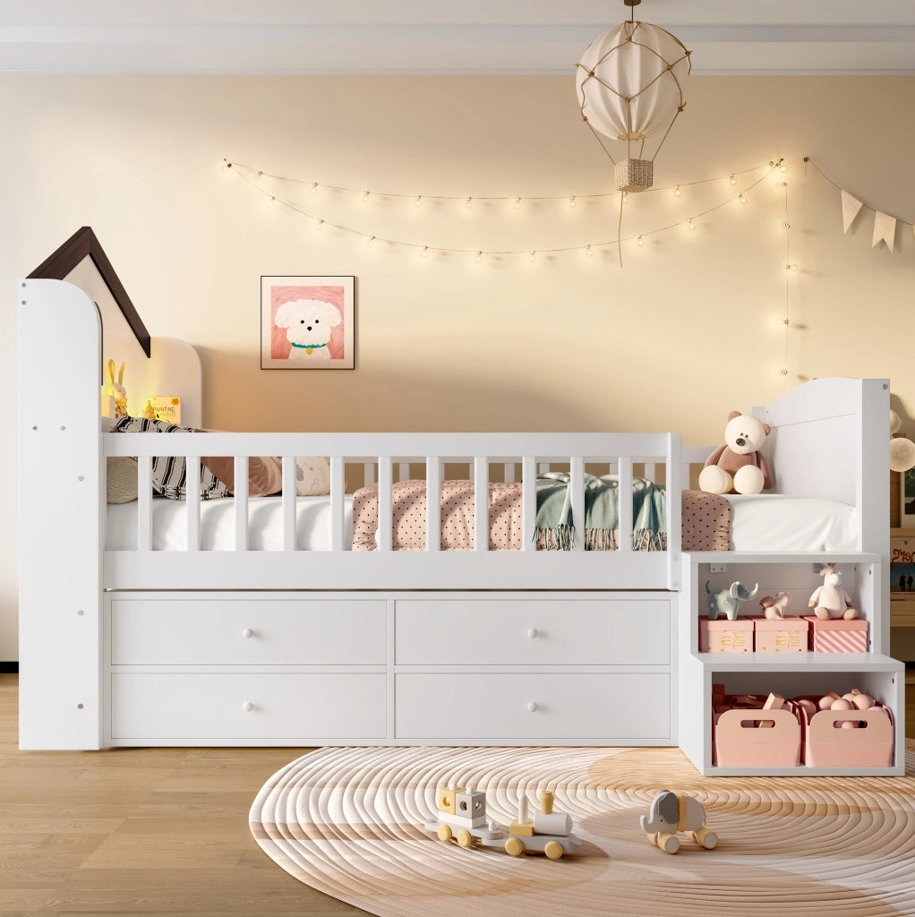 Letto rialzato a forma di casa 90x200 cm con LED e cassetti