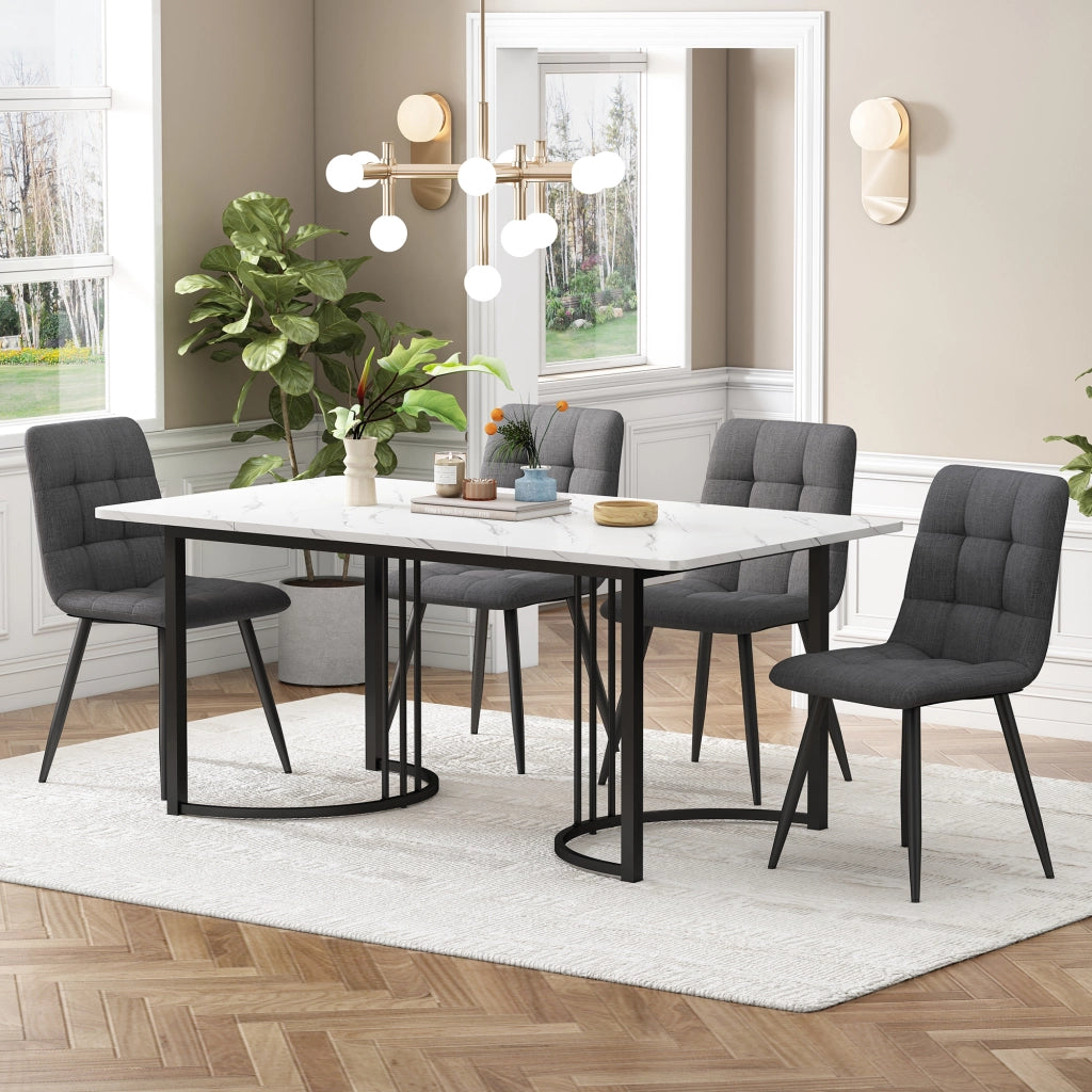 Set tavolo da pranzo per 4 persone con 4 sedie in lino, piano in MDF effetto marmo, bianco, 140 × 80 cm