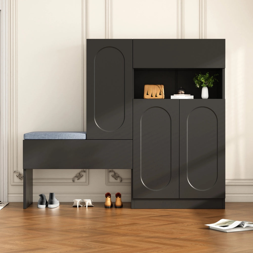 Mobile portascarpe 2 in 1 con panca; ante con chiusura ammortizzata; 130x35x110 cm; nero