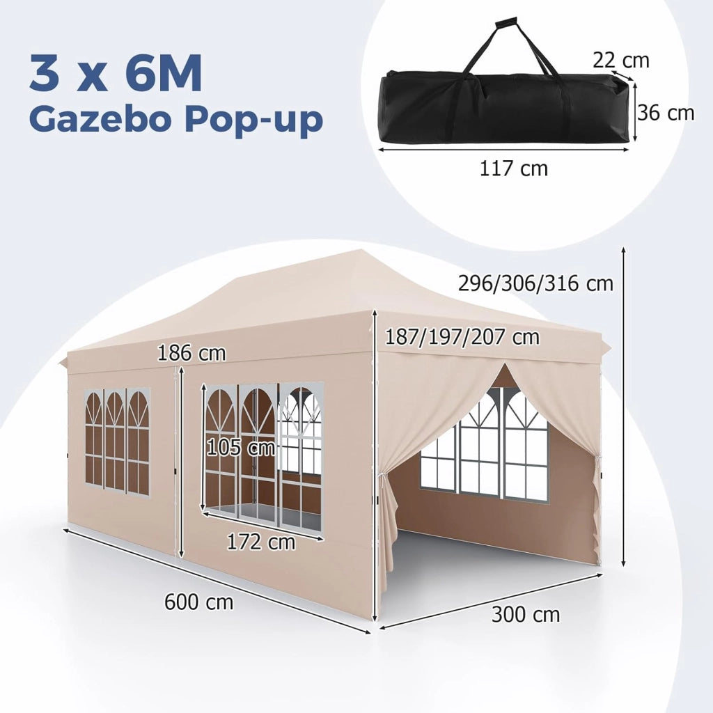 Gazebo da Giardino 3 x 6 m, Tendone per Feste con 6 Pannelli Laterali Rimovibili, con Borsa da Trasporto, Design Pop-up, per Matrimonio Eventi e Barbecue (Beige)