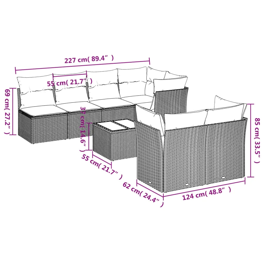 Set Divano da Giardino 8pz con Cuscini Grigio Chiaro Polyrattan