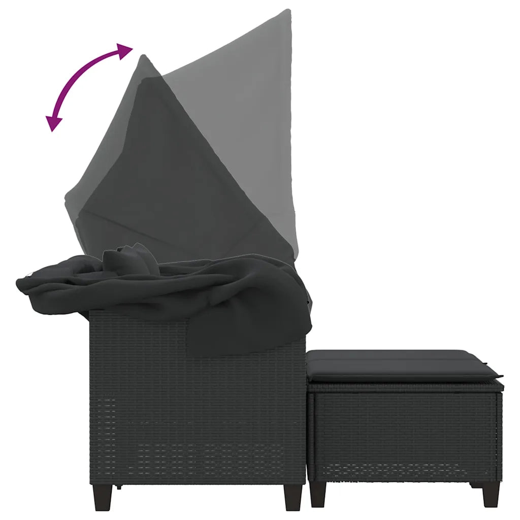 vidaXL Divano Giardino 2 Posti Baldacchino e Sgabelli Nero Polyrattan
