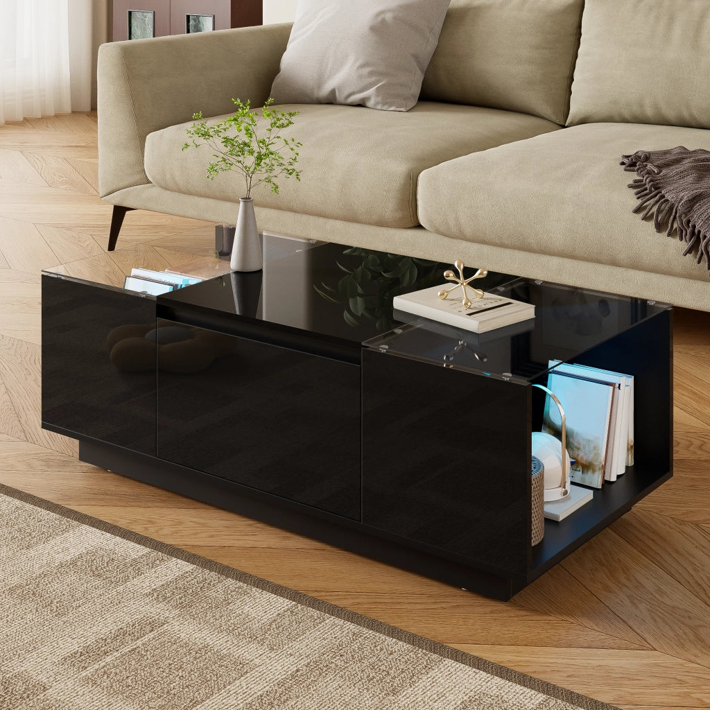 Tavolino da Caffè con 2 Cassetti e 2 Vani Aperti con LED Bluetooth; Piani in Vetro; Lucido e Opaco; 105×50×35 cm; Nero