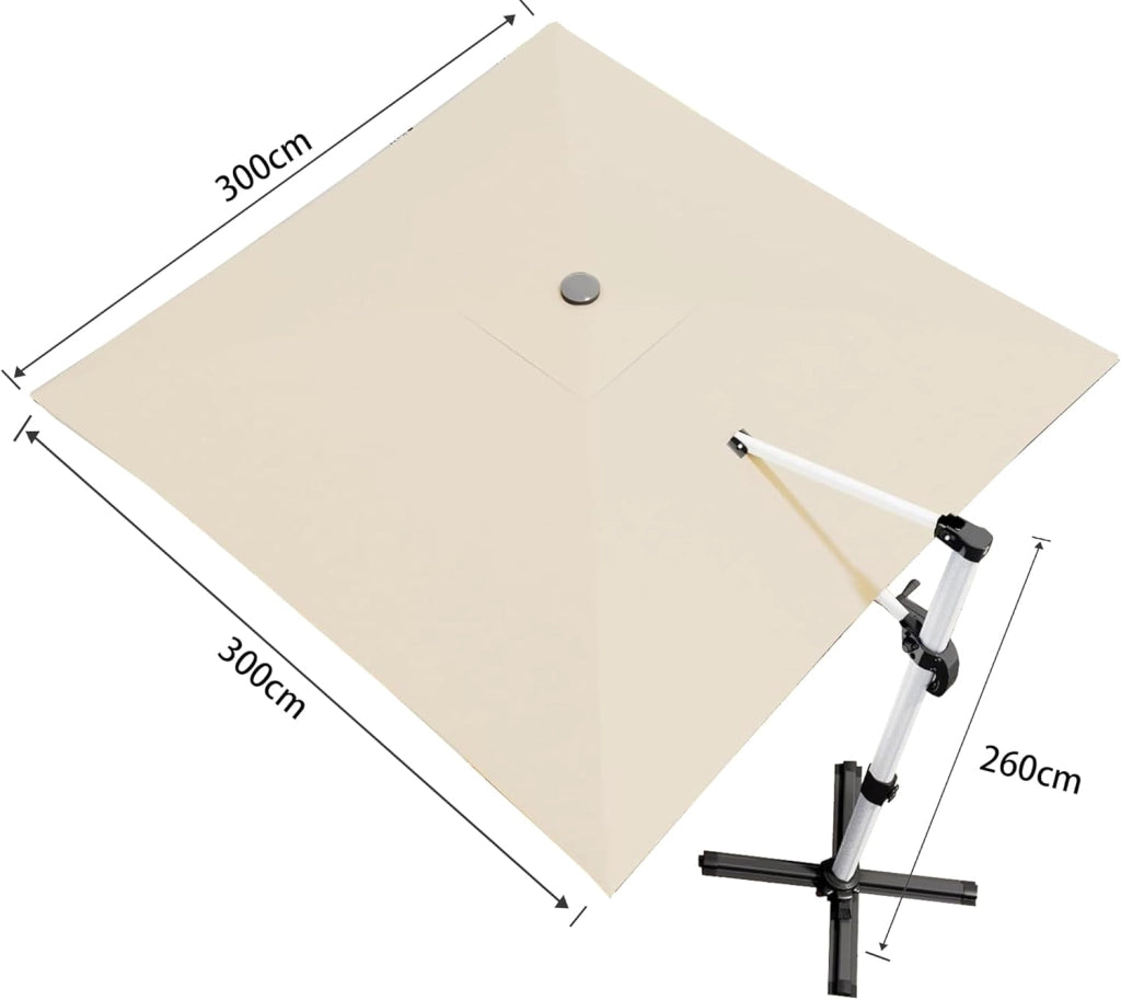 Ombrellone da balcone, in alluminio, con copertura, impermeabile, con manovella, protezione solare UV50+, rotazione di 360°, Baldacchino a strato singolo beige, 3 * 3M