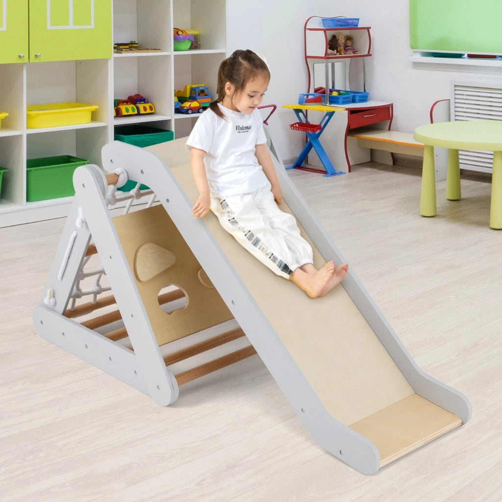 Arrampicata in legno per bambini 4-in-1 con scivolo, Arrampicata a triangolo per interni con rete Grigio-Arrampicate e scivoli