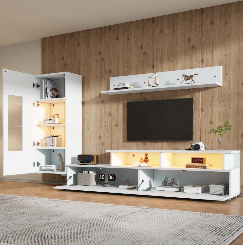 Parete TV 3 pezzi bianca con LED e finitura lucida