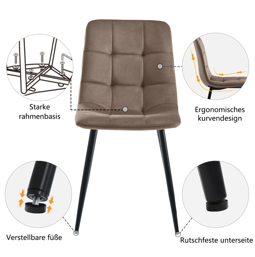 Set tavolo da pranzo con 4 sedie in velluto marrone, 117x68 cm