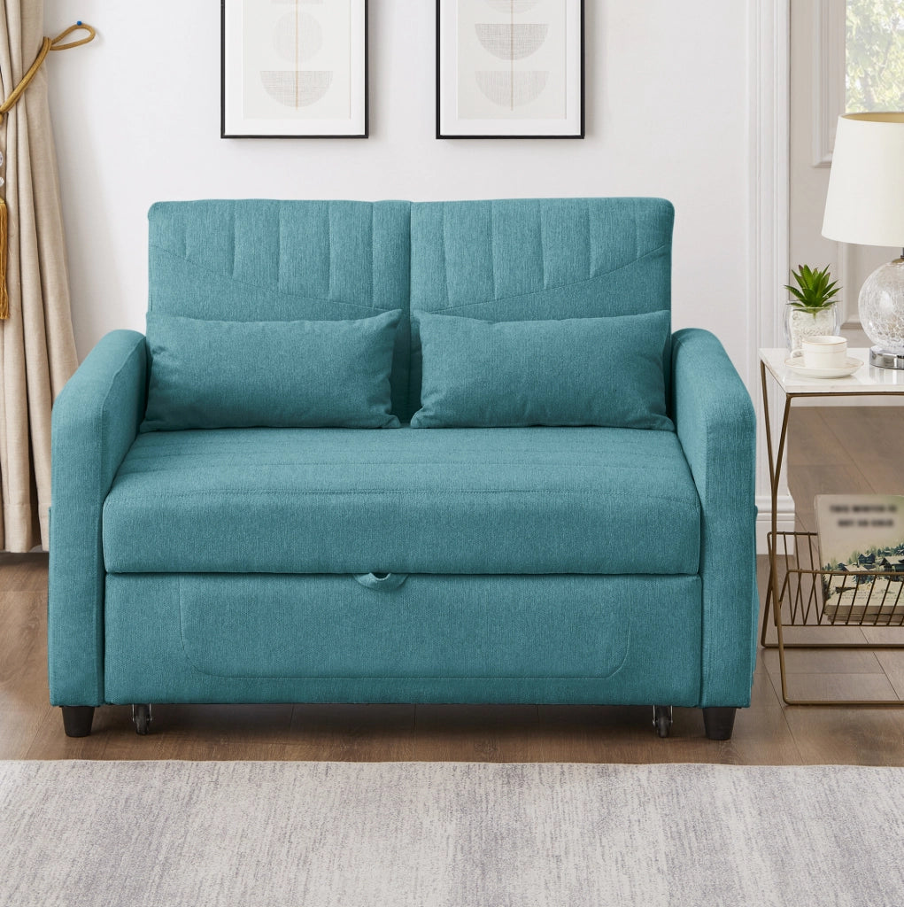 Divano letto 2 posti 166x95 cm estraibile; schienale regolabile; schiuma blu verde antico