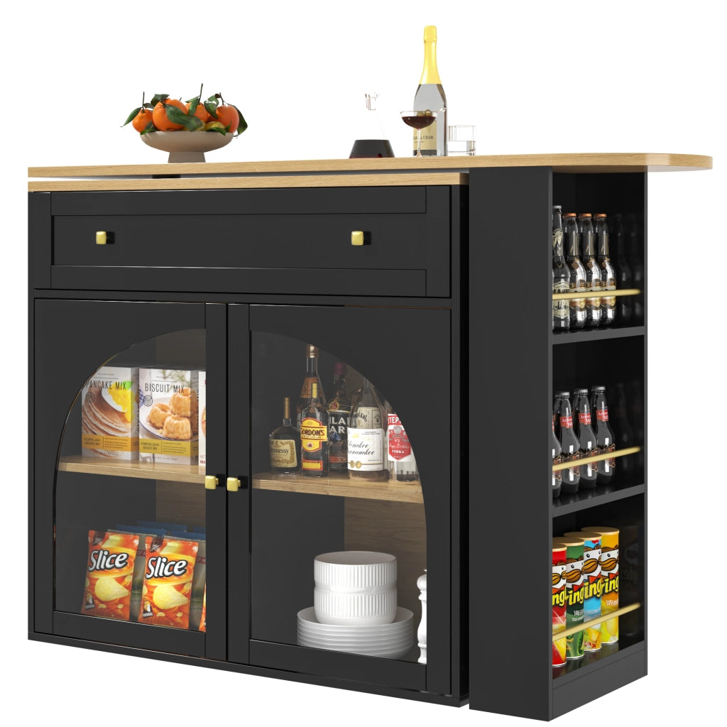 Tavolo da pranzo allungabile con scaffale laterale a 3 ripiani e ante in vetro girevole per cucina 138-204x39x104 cm