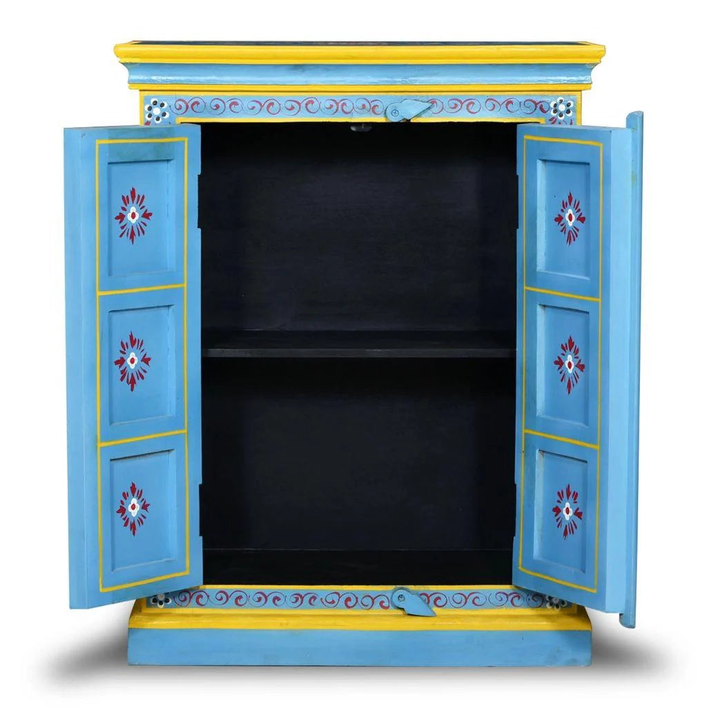 Buffet credenza mobiletto consolle mobile contenitore legno massello di mango dipinto a mano turchese 4402023