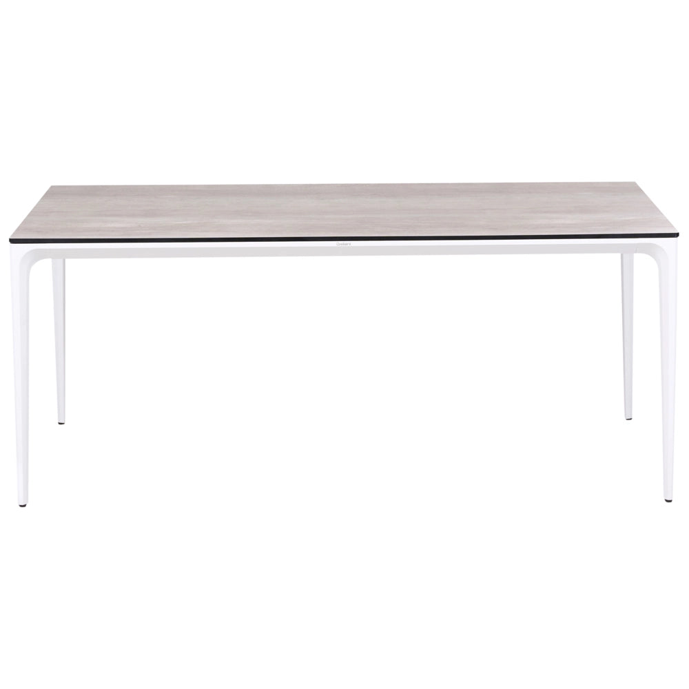 Tavolo da pranzo da giardino Piano in HPL grigio chiaro Telaio in alluminio bianco Resistente ai raggi UV all'acqua e alla ruggine Stile moderno del patio esterno