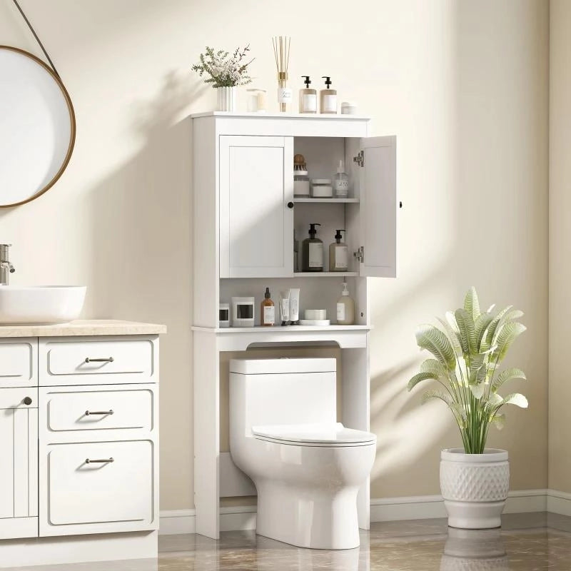 MOBILE SOPRA WC CON 3 MENSOLE CHIUSE E RIPIANO APERTO, IN LEGNO, 65X22X161 CM, BIANCO